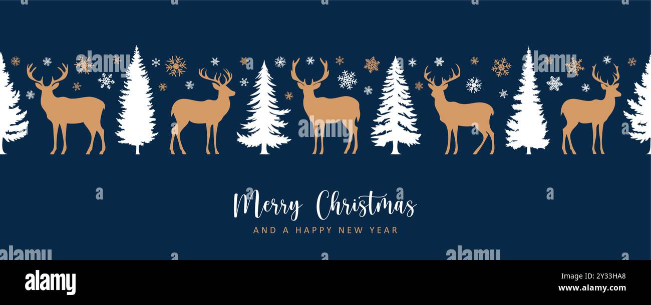 christmas greeting card with seamless deer and fir tree pattern vector ...
