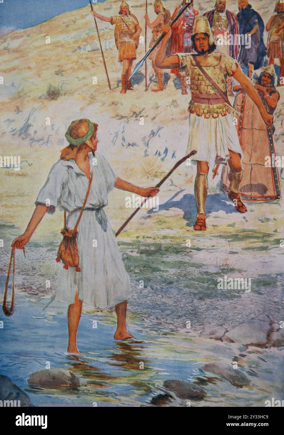 Illustration of David Slaying the Giant Goliath after Striking him with a stone Killing Goliath (Samuel) from 19th Century Religious Children's Book Stock Photo