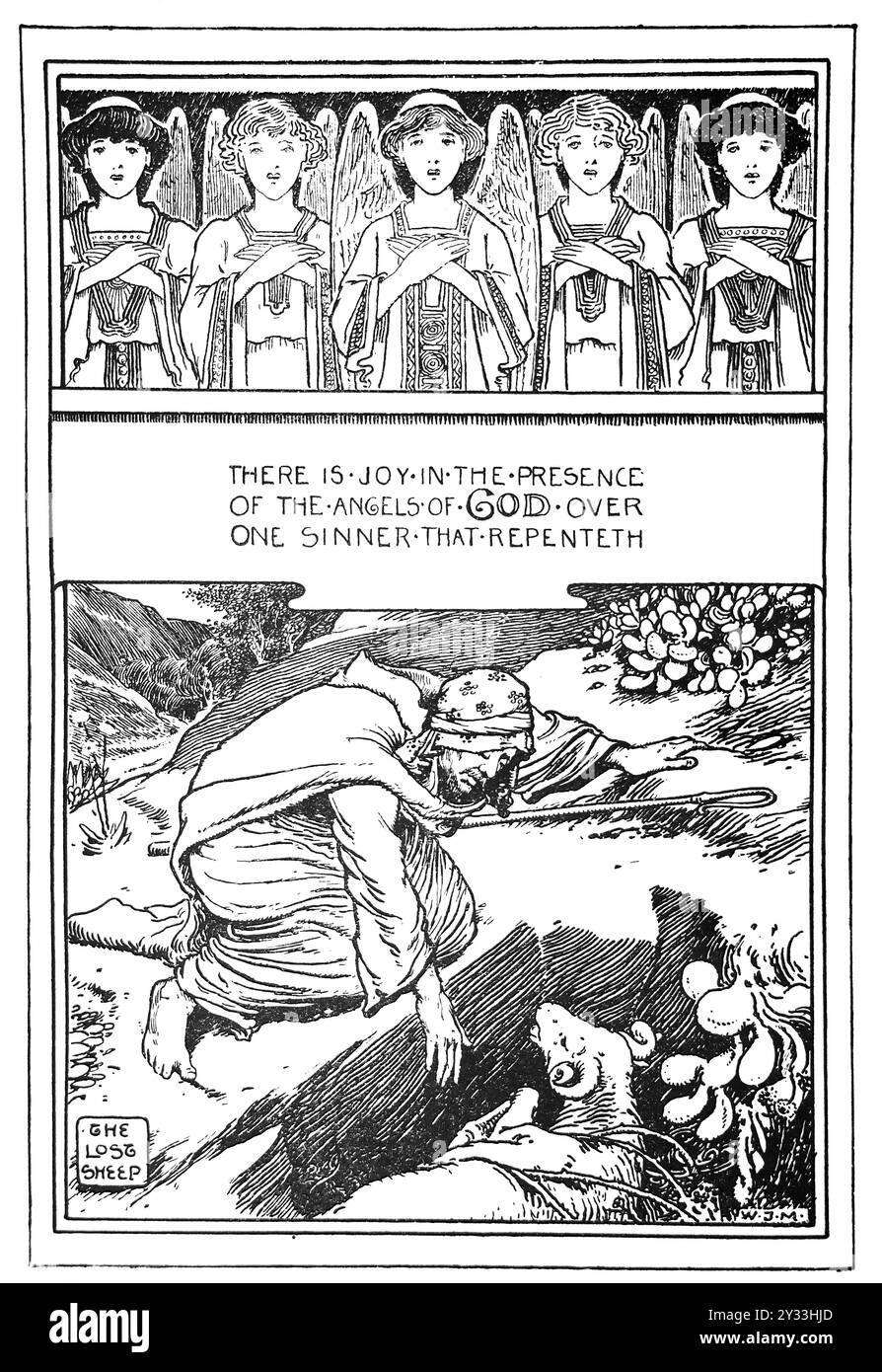 Art Nouveau Illustration of the Parable the Lost Sheep with Angels watching over 'There is Joy in the Presence of God over One Sinner that Repenteth' Stock Photo