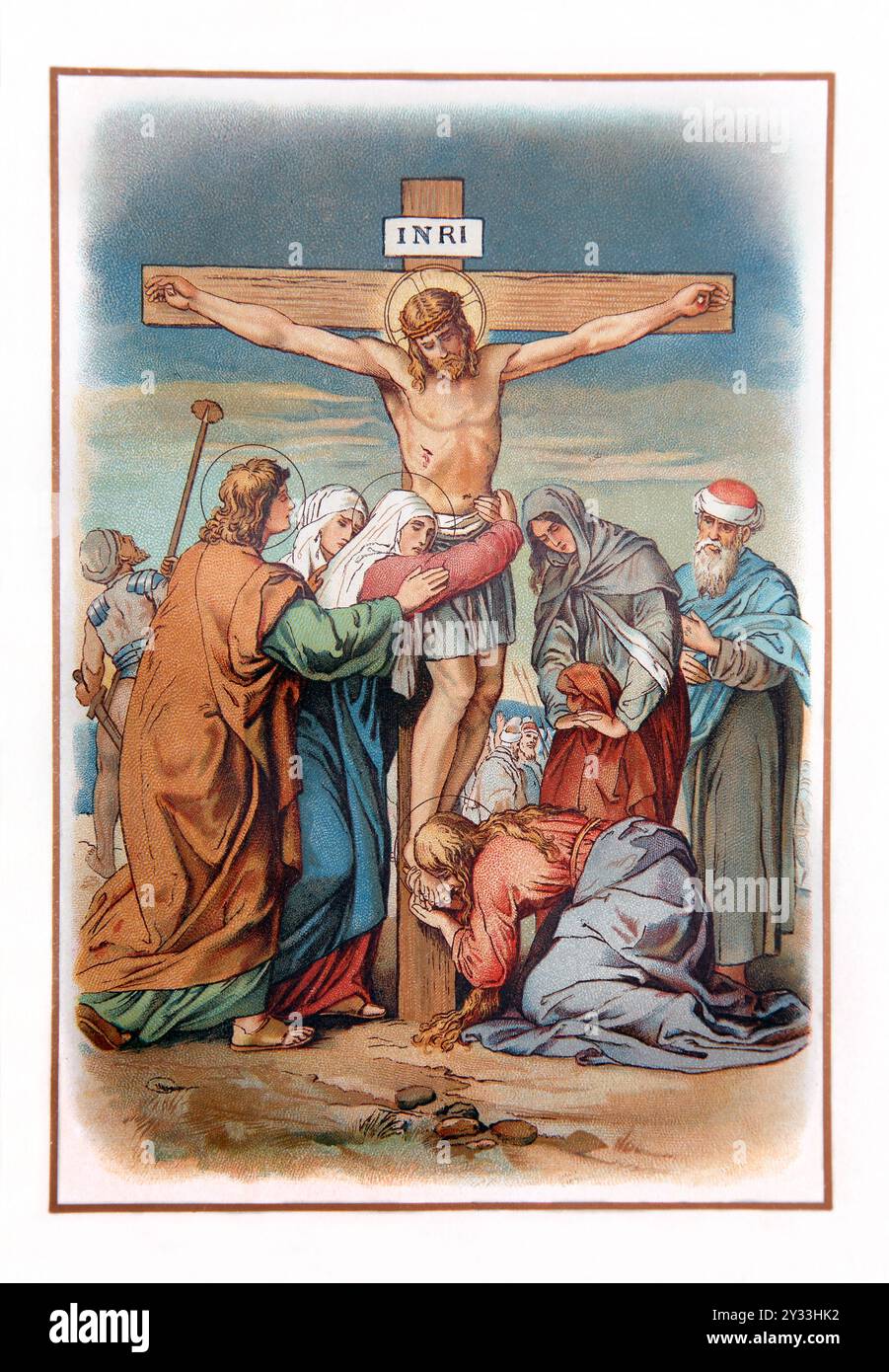 Art Nouveau Illustration of the Crucifixion of Jesus Christ with Virgin Mary and Saint John Beneath the Cross (Gospel) From Antique 1909 Edition of Th Stock Photo