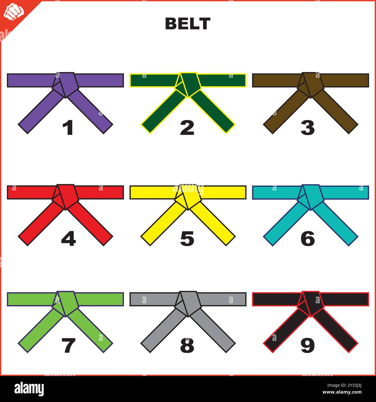 Martial art colored belts set for karate, bjj, judo, taekwondo, hapkido.. Stock Vector