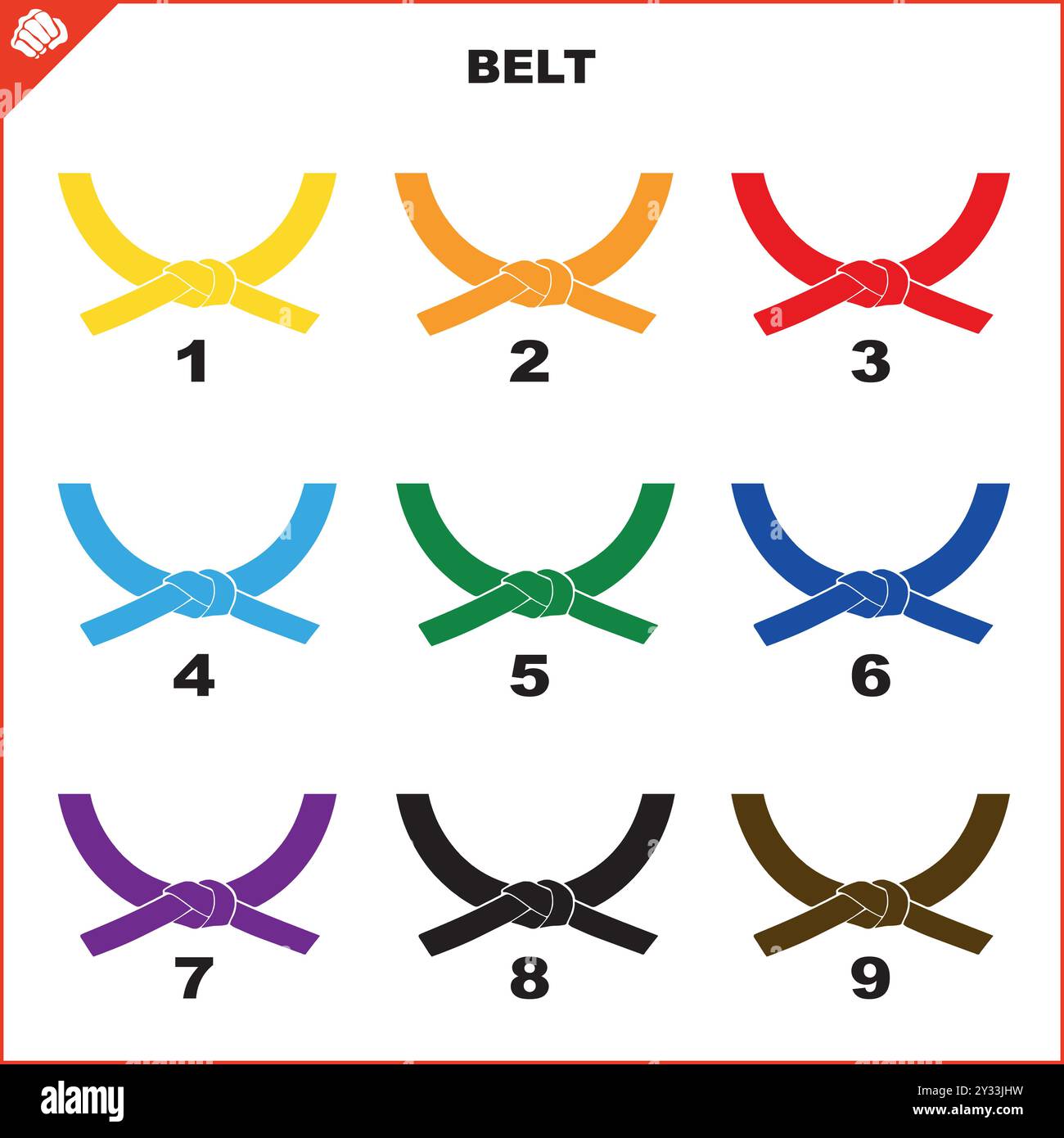 Martial art colored belts set for karate, bjj, judo, taekwondo, hapkido.. Stock Vector