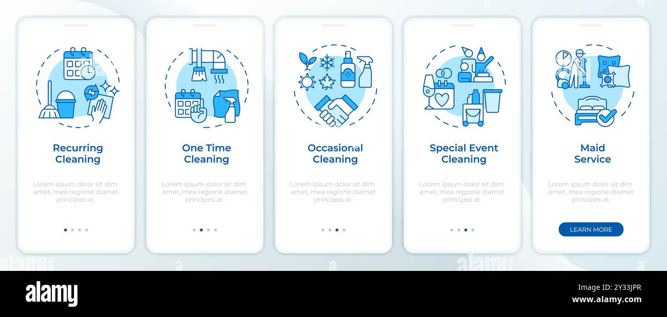 Cleaning service blue onboarding mobile app screen Stock Vector