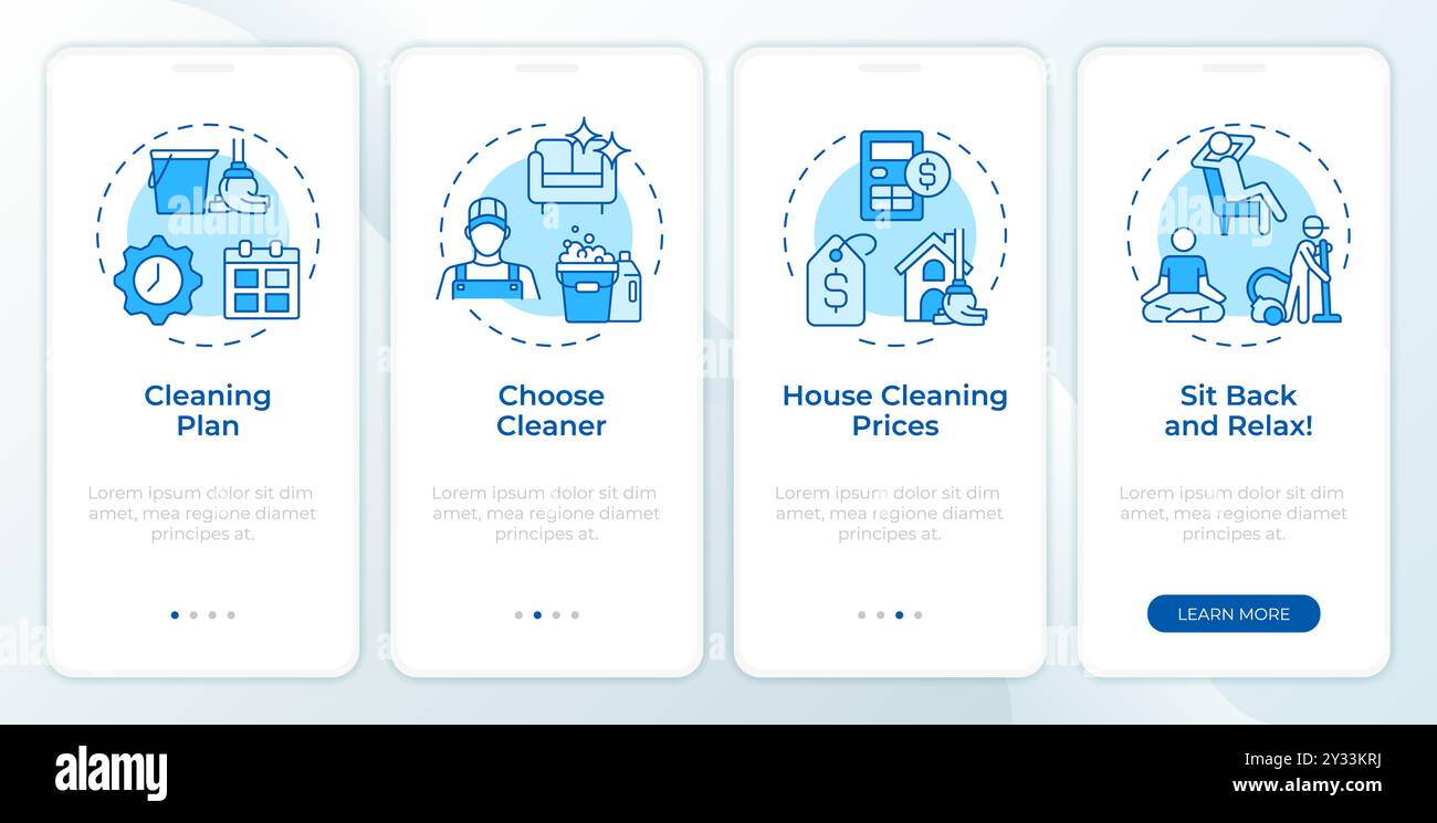 Booking cleaner blue onboarding mobile app screen Stock Vector