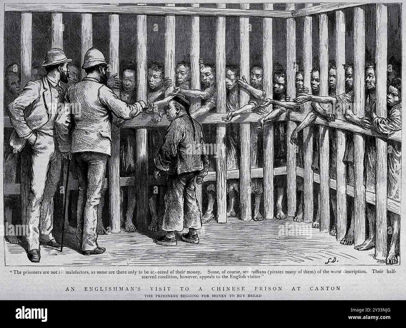 Chinese prisoners pleading for aid from an English visitor in Canton, 1894, depicted in a wood engraving by G. Dalziel Stock Photo