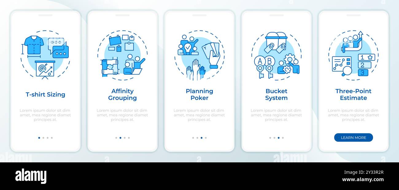 Agile development estimation blue onboarding mobile app screen Stock Vector