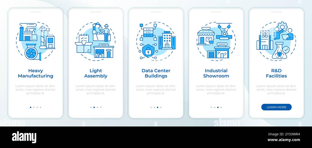 Industrial property types blue onboarding mobile app screen Stock Vector