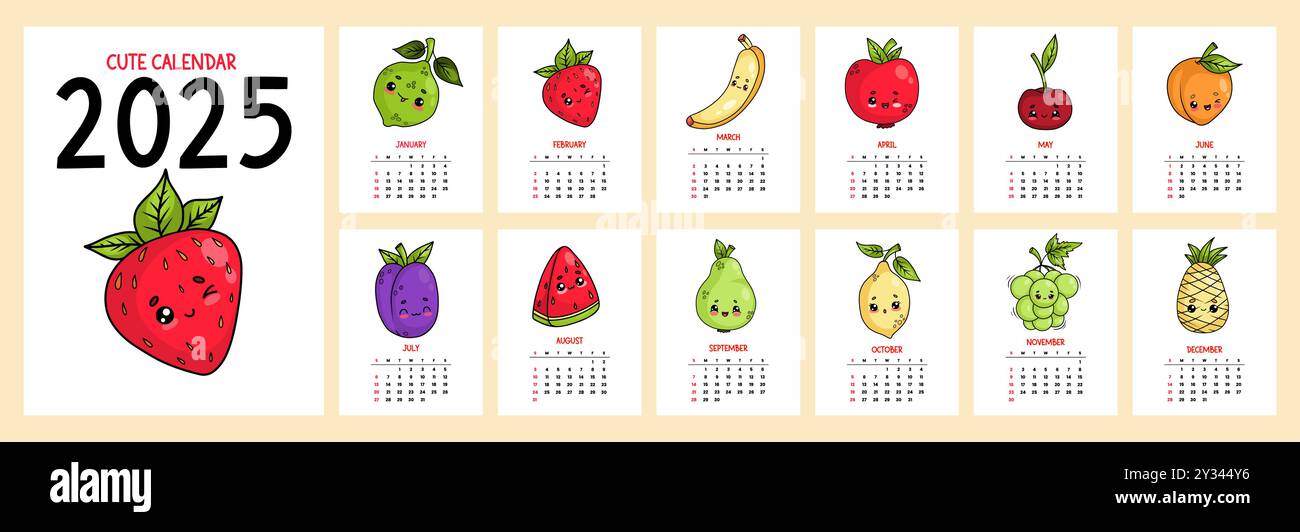 Cute calendar 2025. Funny cartoon kawaii character fruits and berries. Vertical Yearly printable