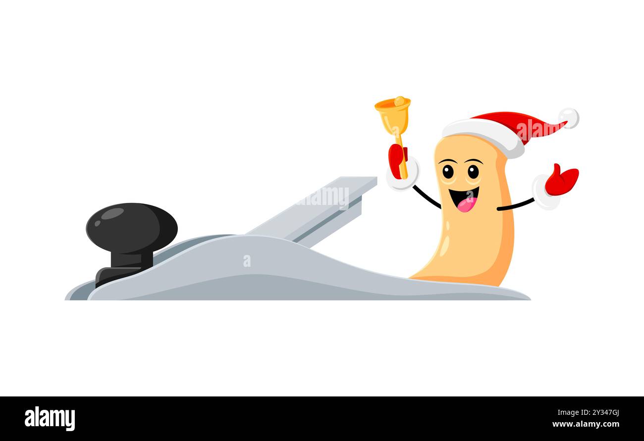 Cartoon Christmas jointer diy and repair tool character knolling the bell. Isolated vector plane with cheerful face and Santa hat, ready to bring joy and festive merriment to the workshop festivities Stock Vector