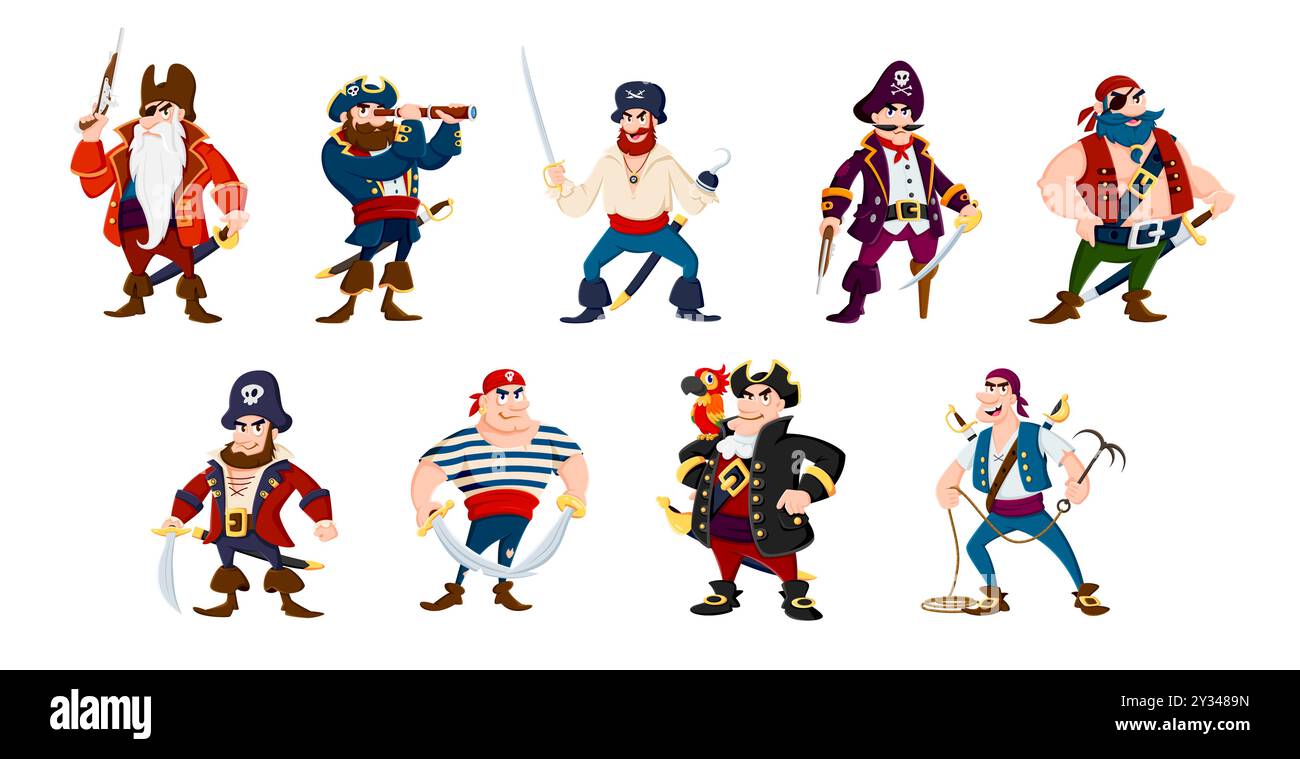 Cartoon sea pirate sailor and corsair captain characters, vector Caribbean personages. Angry man pirate or filibuster in tricorne hat with parrot, bearded buccaneer with eyepatch and hook hand or leg Stock Vector