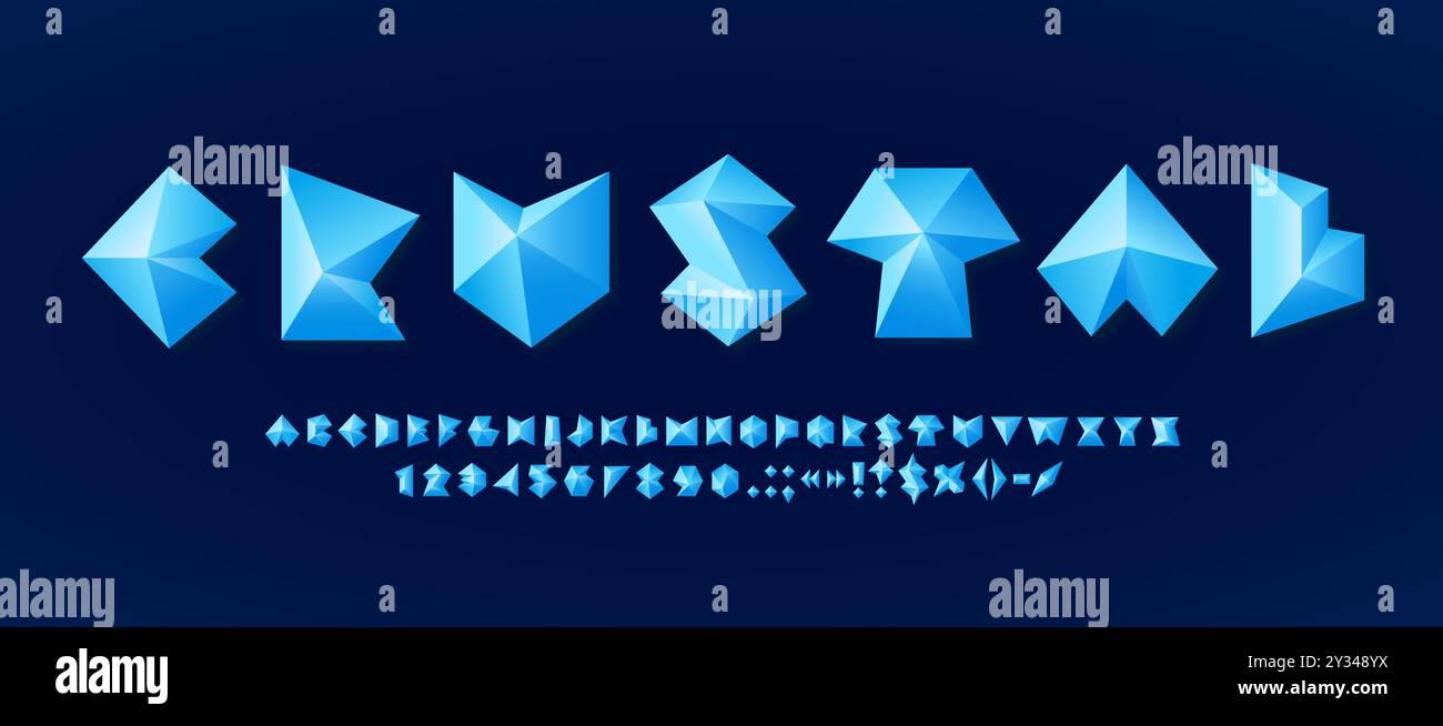 Low poly crystal font, 3d diamond type includes a complete alphabet, numbers and punctuation symbols in a futuristic, geometric style. Blue angled bold letters, numerals and signs abc characters Stock Vector