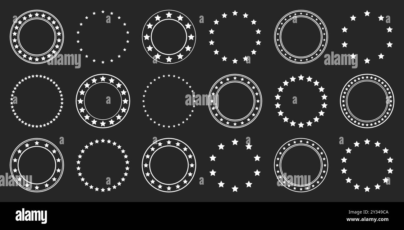 Stars Rounded Pattern Stars of various sizes arranged in a circle. Round frame, border. Black ...