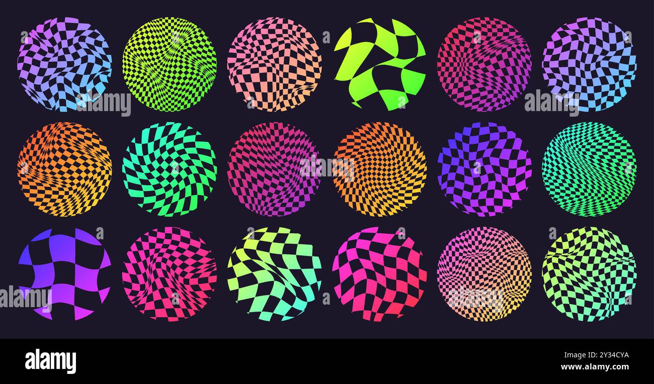 Groovy checkered pattern, neon round tiled grid. Vintage wavy curved ...