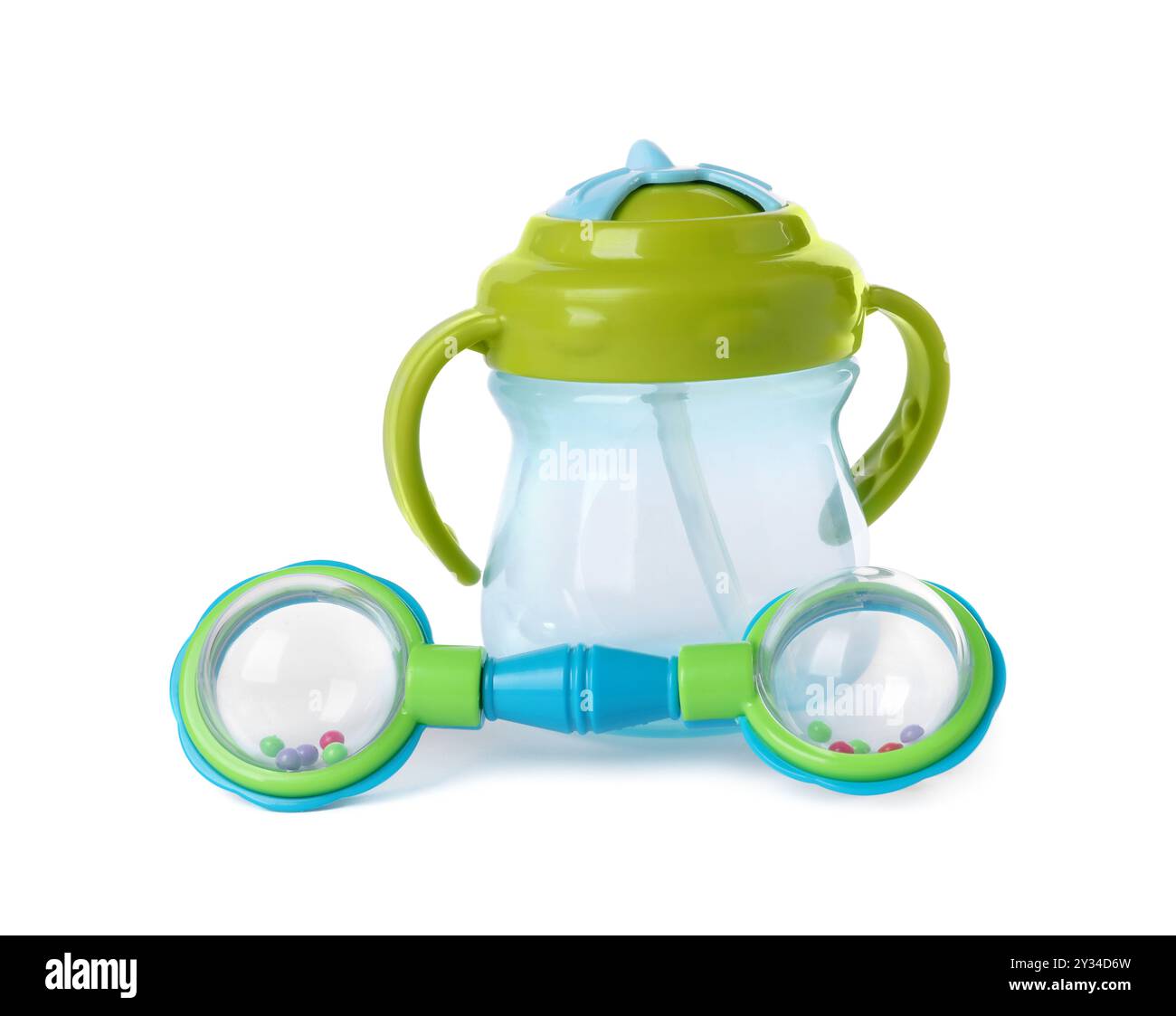 Baby rattle and bottle isolated on white Stock Photo - Alamy