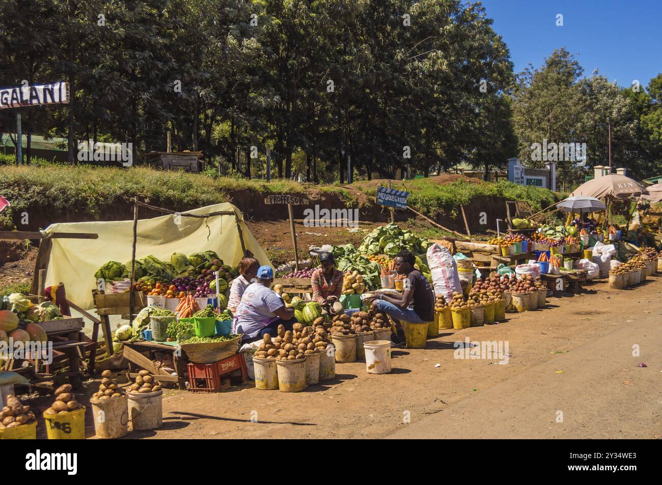 KENYA, samburu- 01 January 2019:Several fruit and vegetable stalls on the road to Samburu National Park in central Kenya Stock Photo