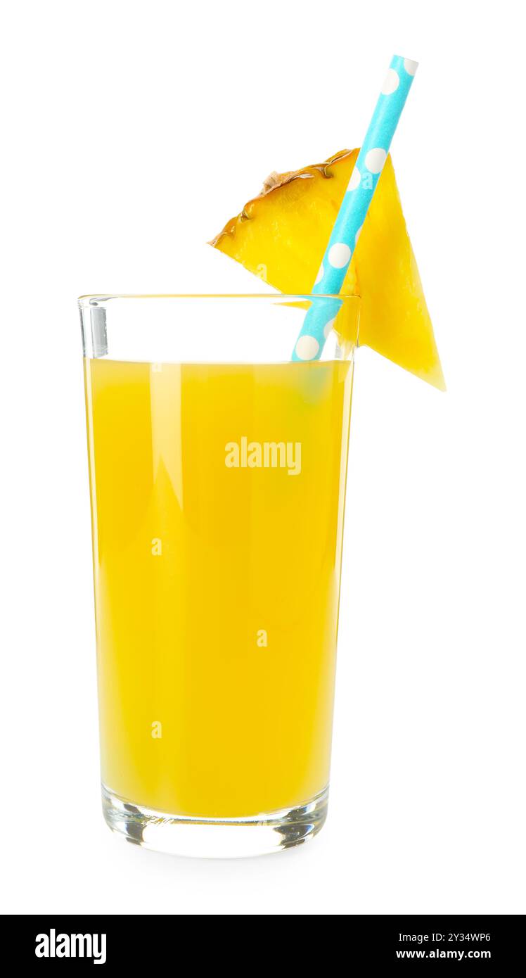 Glass with pineapple juice, straw and piece of fresh fruit isolated on ...