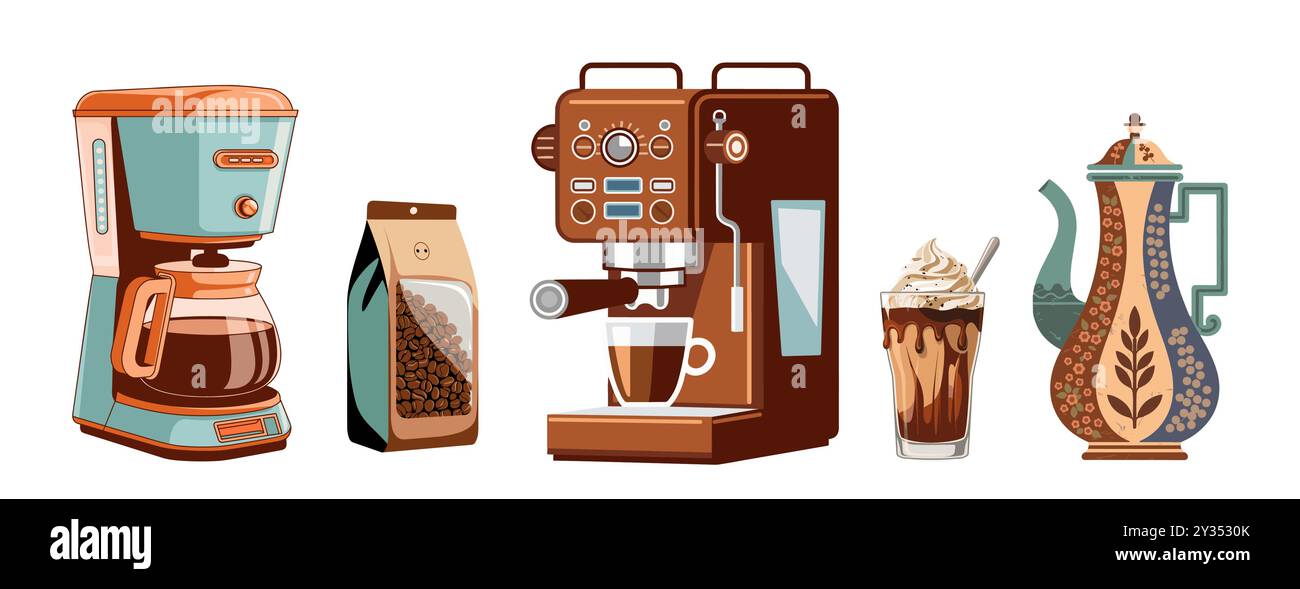 Coffee elements set, machine, cup, bean bag, pot. Stock Vector