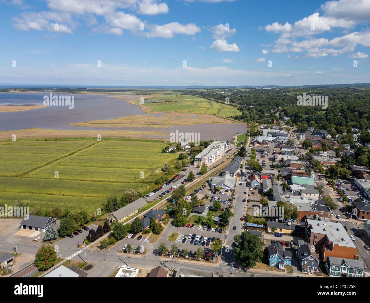 Aerial view of a small town with a river and green fields under a ...