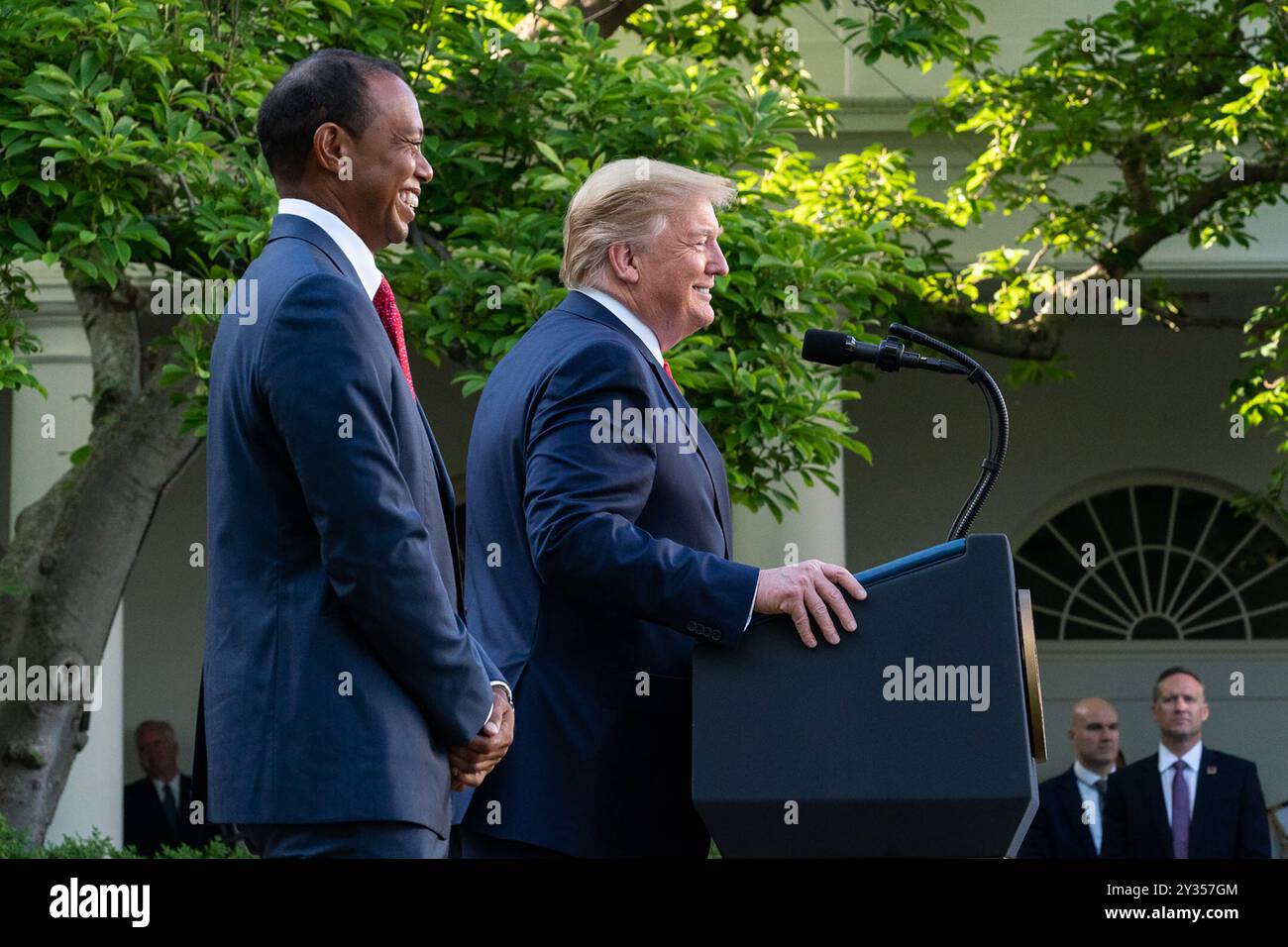 President Donald J. Trump welcomes Tiger Woods, his family and guests Monday, May 6, 2019, to the Rose Garden of the White House, prior to Woods receiving the Presidential Medal of Freedom. (Official White House Photo by Andrea Hanks) Stock Photo