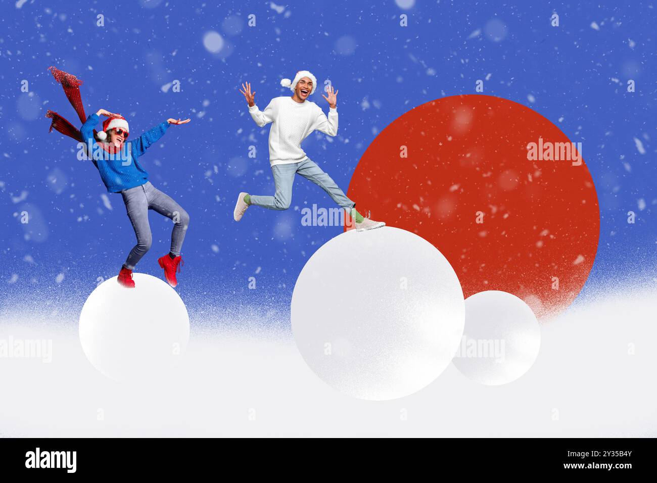 Composite photo collage of two happy girl guy run snowball park walk ...