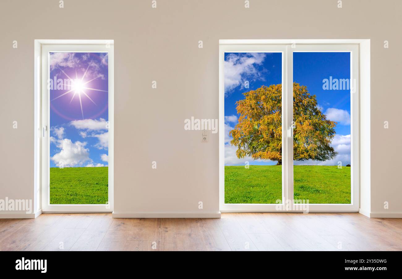 Wohnung mit freiem Blick in die Natur Eine leere Neubau-Wohnung in Traumlage mit freiem Blick in die Natur - FOTOMONTAGE *** Apartment with an unobstr Stock Photo