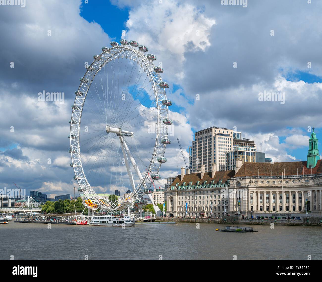 The London Eye and County Hall from Westminster Bridge, River Thames, London, England, UK Stock Photo