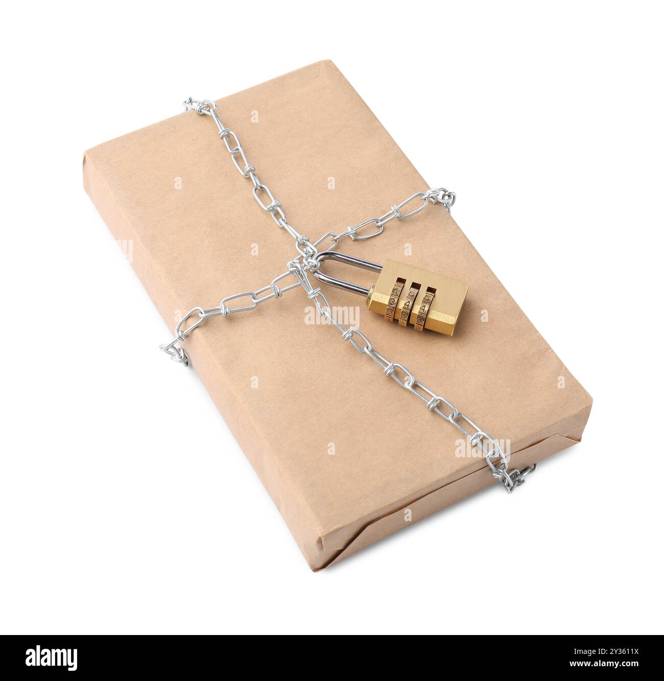 One parcel with chain and padlock isolated on white Stock Photo - Alamy
