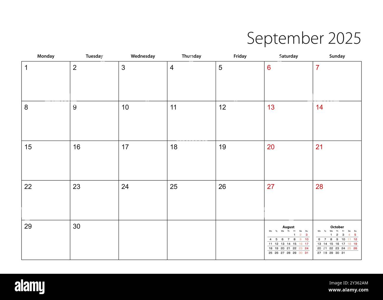 september-2025-simple-calendar-planner-week-starts-from-monday-vector-calendar-planner-stock-vector-image-art-alamy