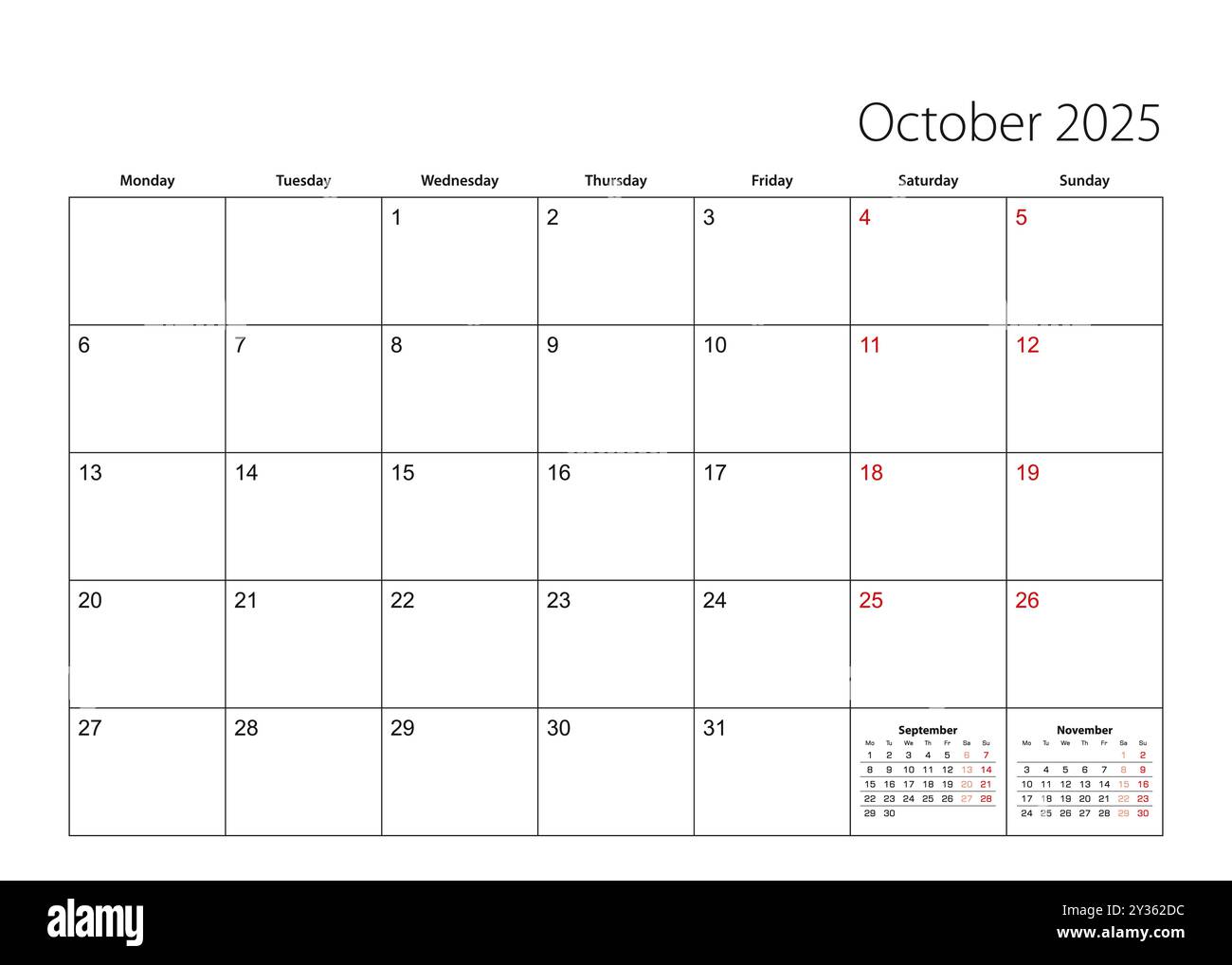 October Week 37 October 2025 simple calendar planner, week starts from Monday. Vector ...