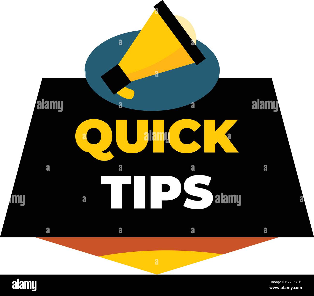 Black banner with yellow megaphone placed on blue circle announcing quick tips Stock Vector