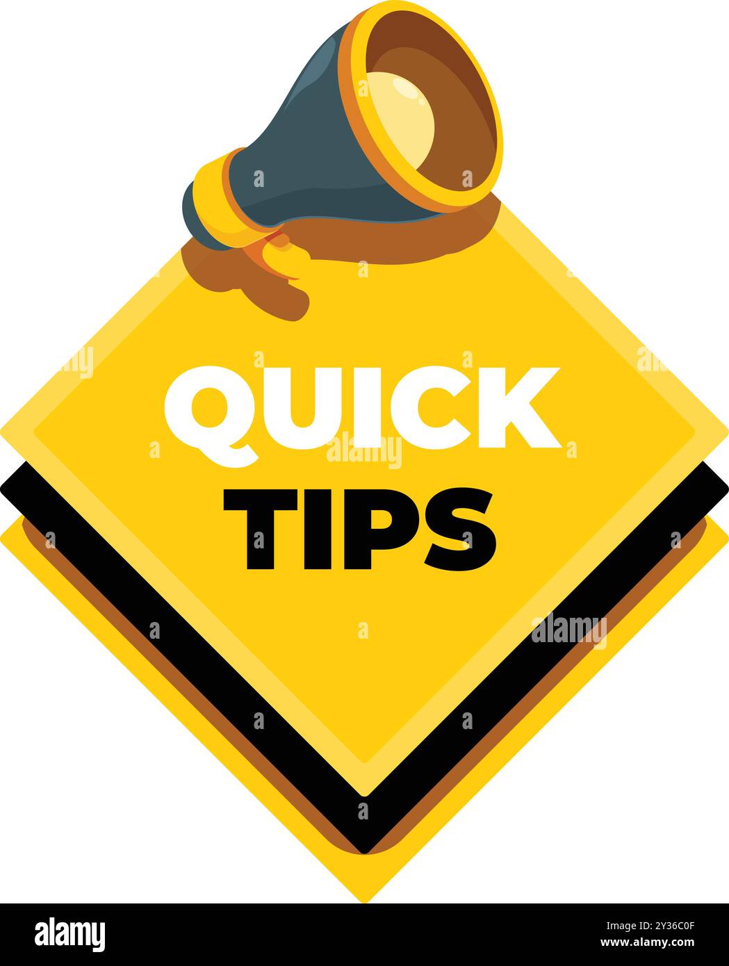 Megaphone announcing quick tips on a yellow sign with black frame Stock Vector