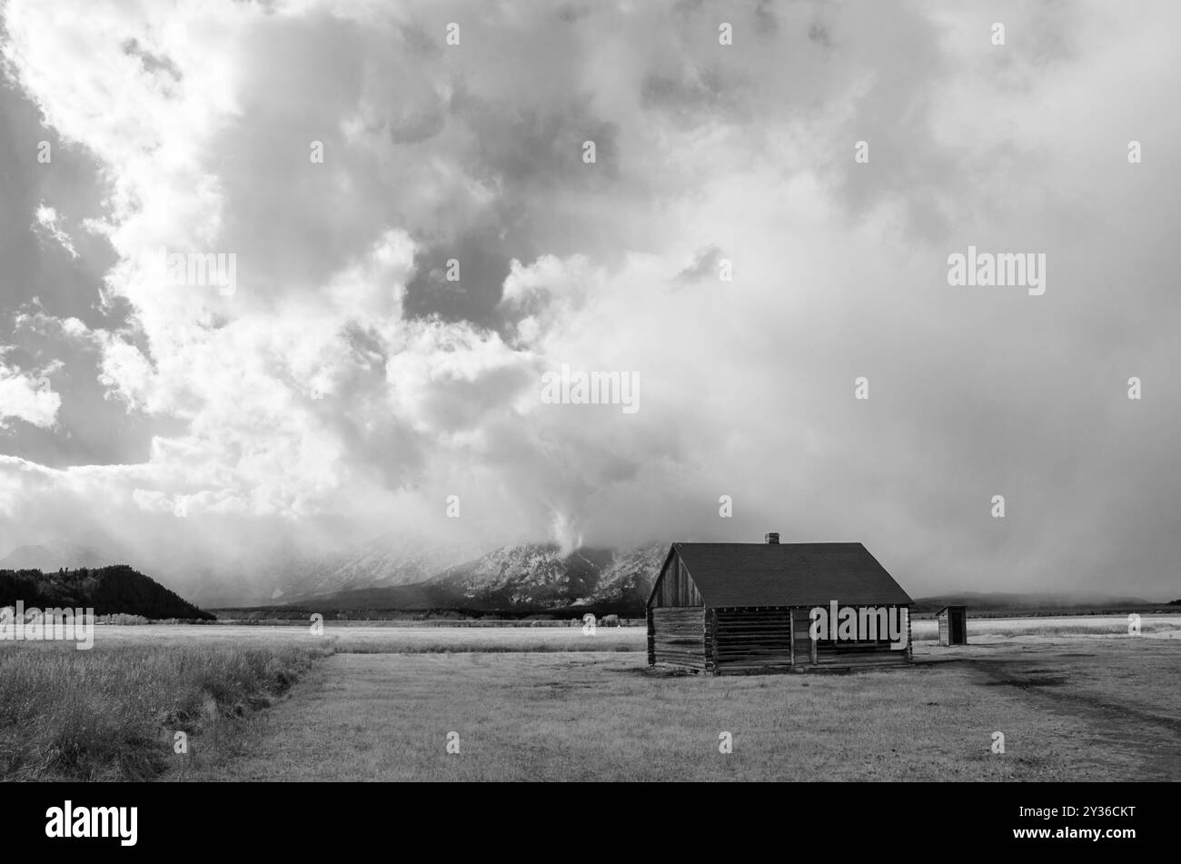 Mormon Row Historic District at the Teton Range of Grand Teton National Park in the U.S. state of Wyoming Stock Photo