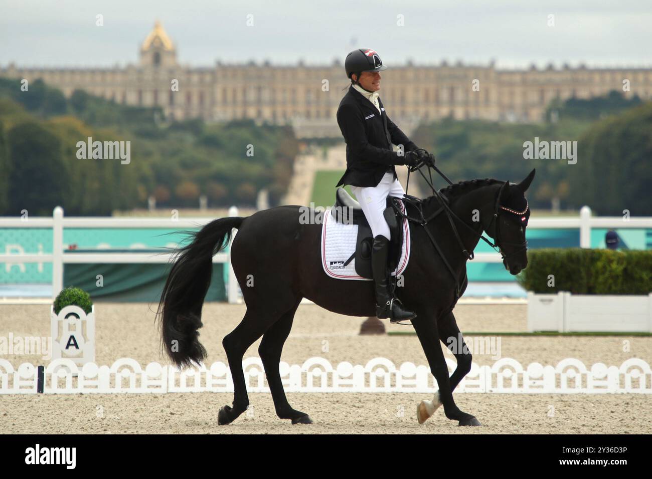 Pepo PUCH of Austria on the horse SAILOR'S BLUE  - Para Equestrian Individual Event - Grade II at the 2024 Paralympic games in Versailles, Paris. Stock Photo