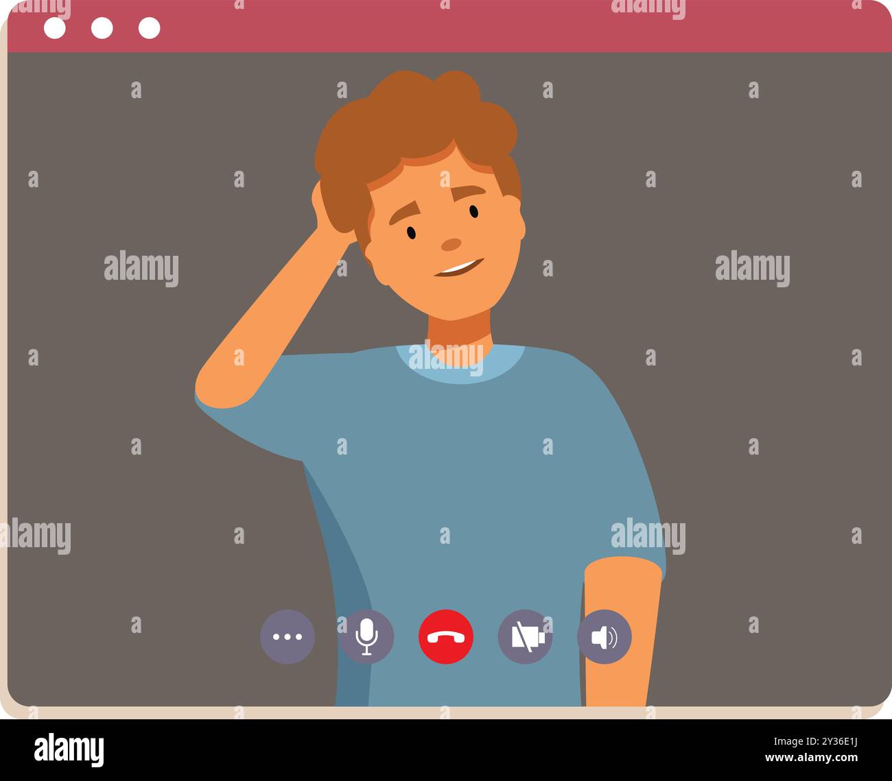 Young man is having a video call and touching his hair with a thinking expression Stock Vector