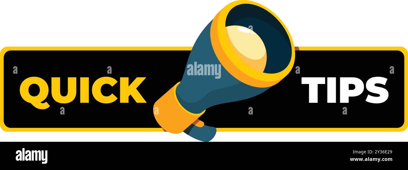 Yellow megaphone announcing quick tips on a black banner with yellow frame Stock Vector