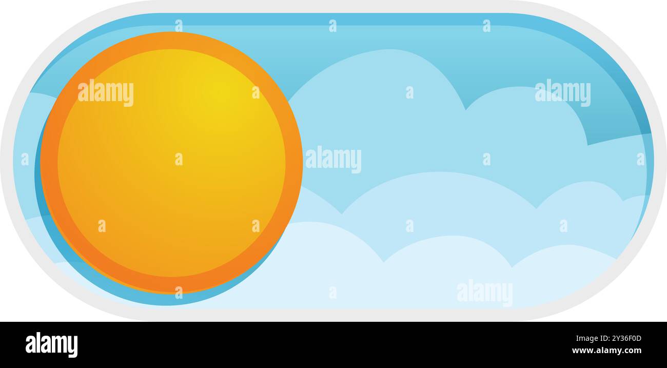 Cartoon sun shining through clouds on off switch button for game or ...
