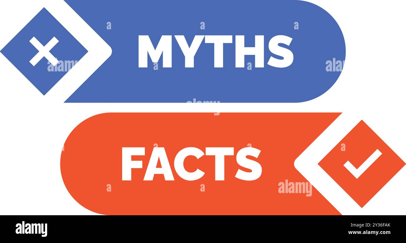 Two buttons showing the difference between facts and myths, one being correct and the other incorrect Stock Vector