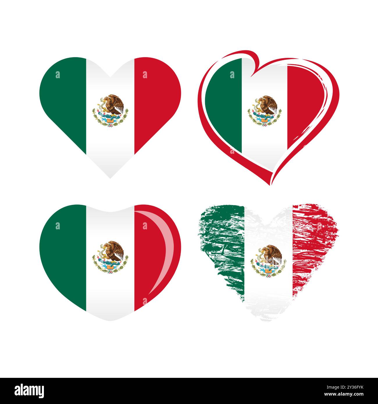 Set of creative abstract hearts with Mexican flags background and isolated clipping mask. Heart shapes collection with flag of Mexico. Tourist, sport Stock Vector