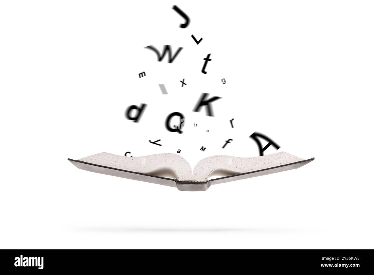 An open book with letters flying in the air isolated on white background Stock Photo