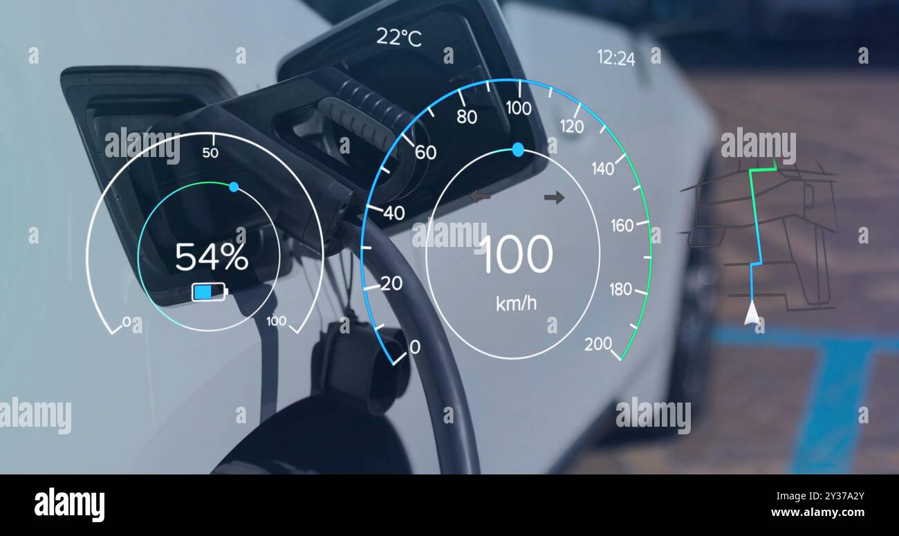 Image of charge and speedometer dials over electric car at charging port Stock Photo