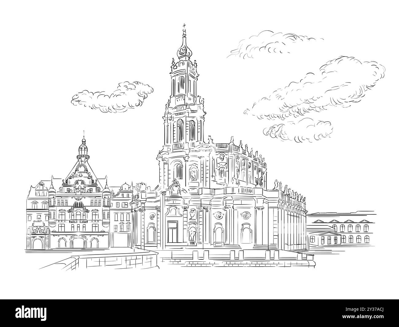 Germany hand drawn landmark. Detailed architecture of Dresden Theatre Square. Vector illustration. Hand drawn sketch with attraction. Trendy engraving Stock Vector