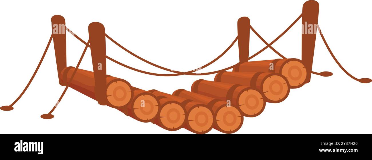 Simple wooden hanging bridge made of logs and rope is connecting two ...