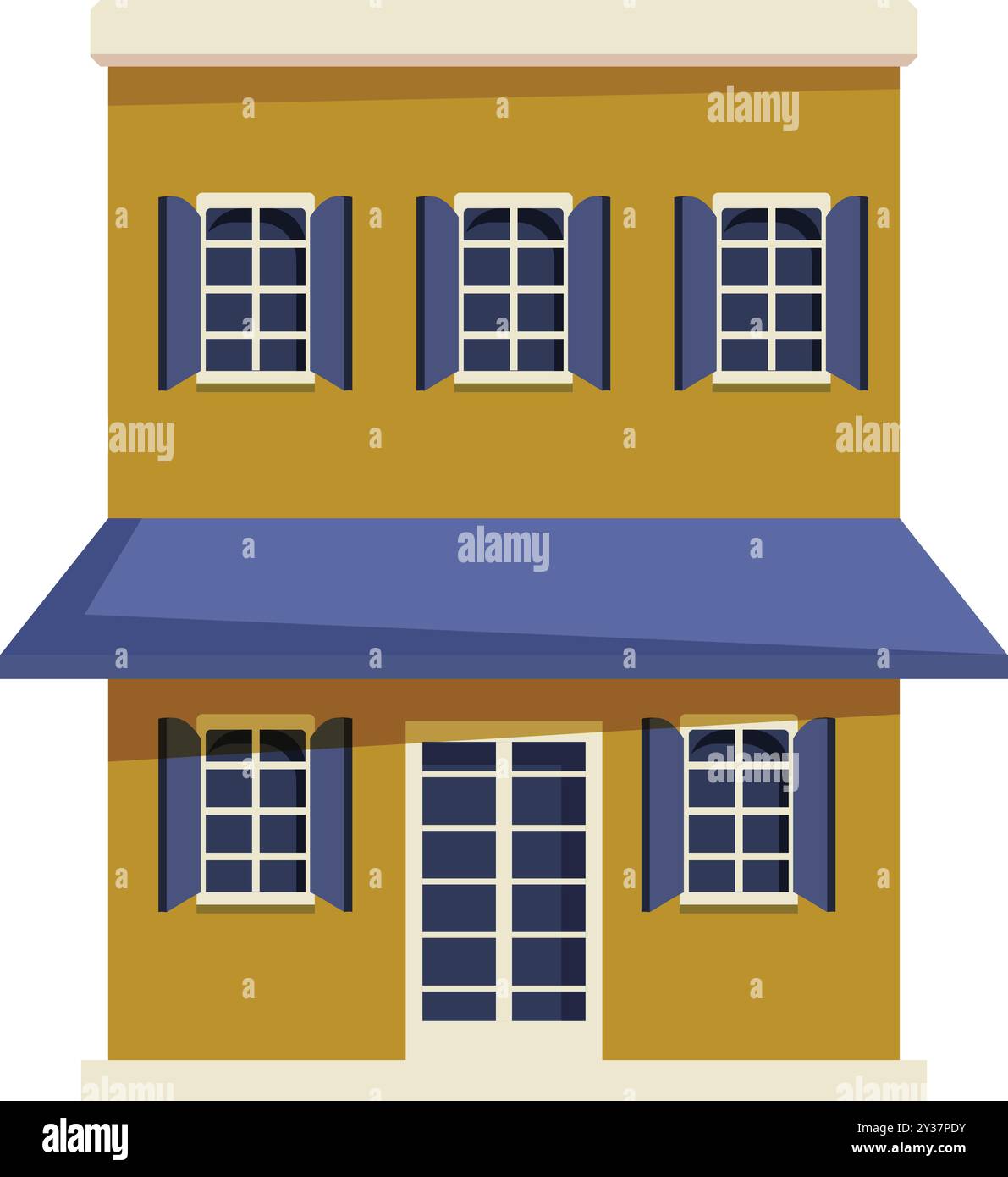 Illustration of a charming two storey yellow building with a blue ...