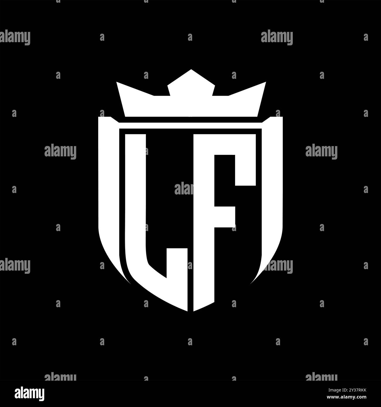 LF Letter logo with shield shape inside shield badge crown on black ...