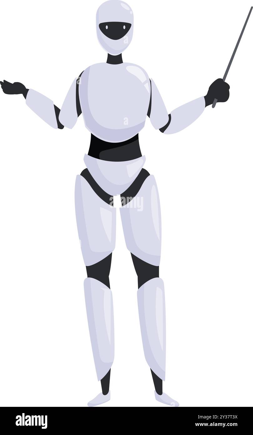 White humanoid robot holding a pointer stick and explaining something ...