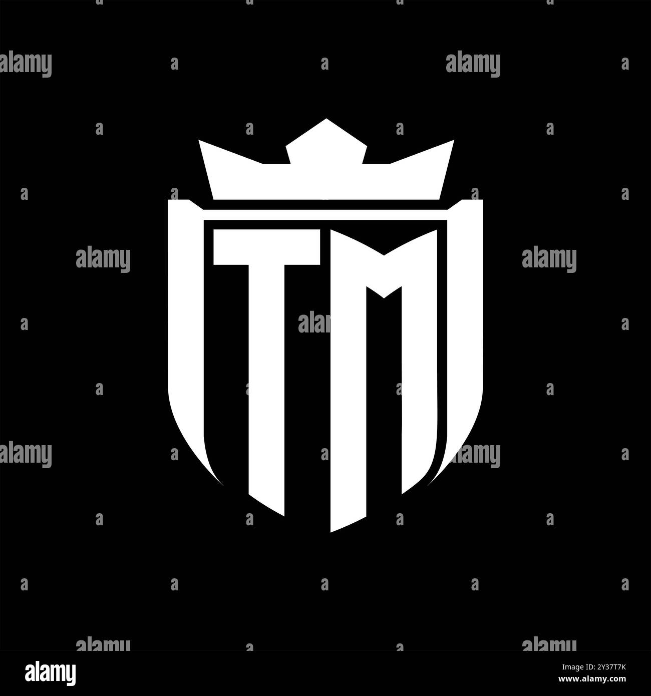 TM Letter logo with shield shape inside shield badge crown on black background template design Stock Photo