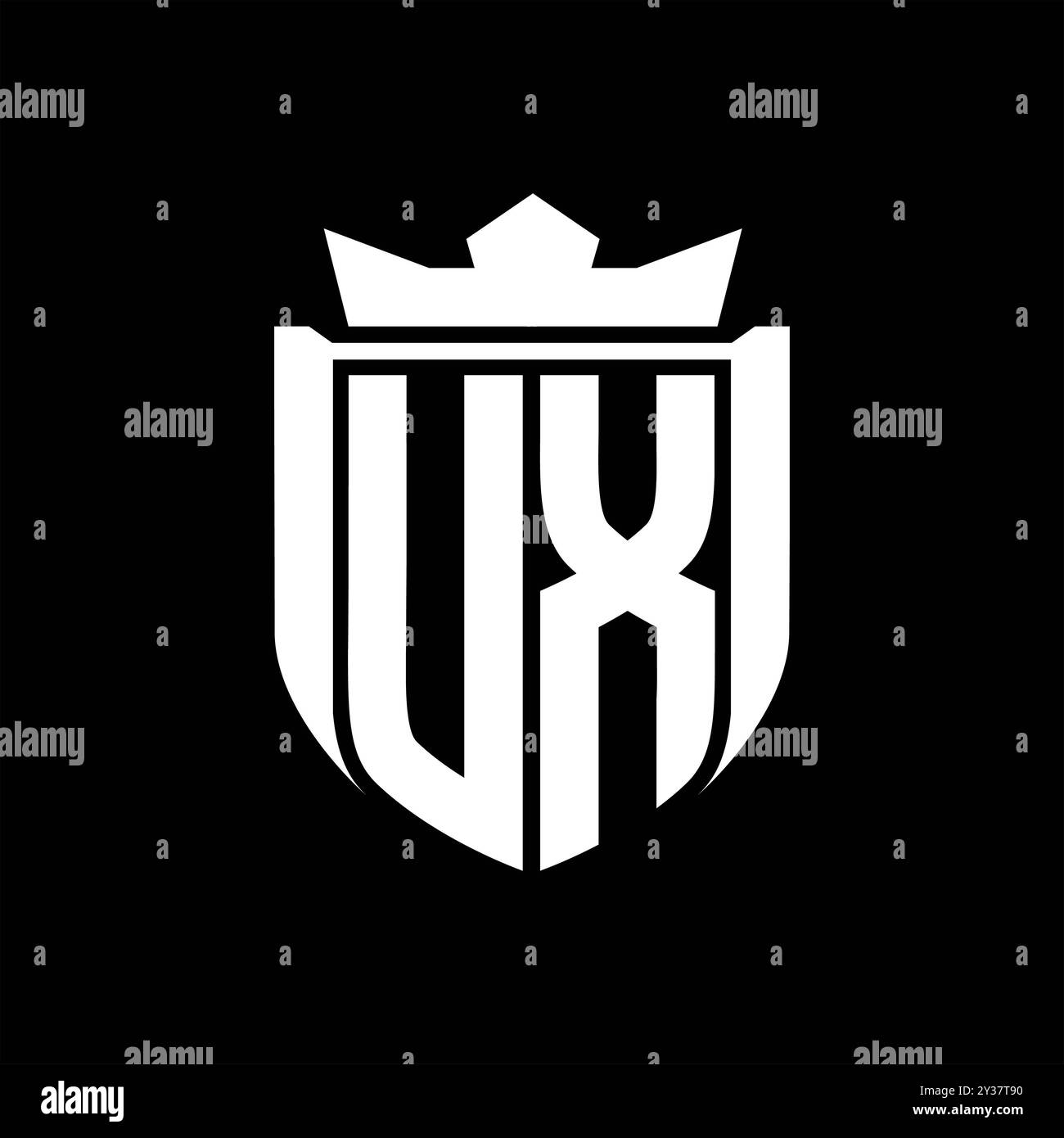 UX Letter logo with shield shape inside shield badge crown on black ...