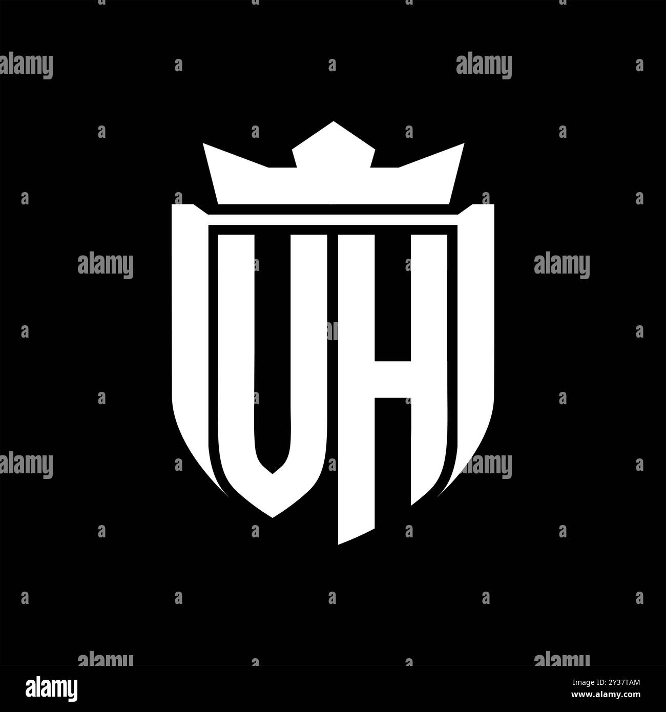 VH Letter logo with shield shape inside shield badge crown on black ...