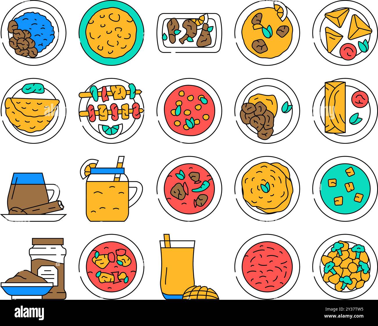 indian cuisine curry food chicken icons set vector Stock Vector