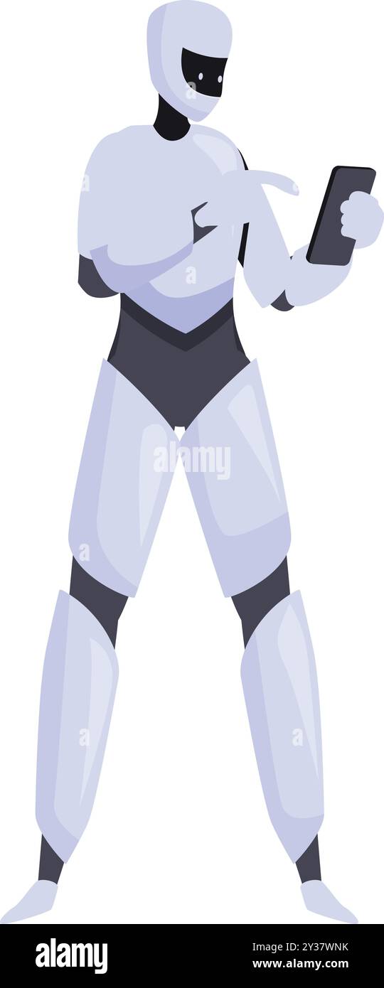 White robot is using a digital tablet, pointing at the screen with his finger Stock Vector